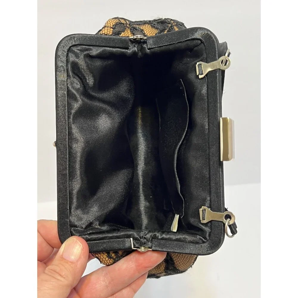 VTG Black Lace Overlay Gold Evening Clutch Handbag Elegant Metallic Kiss Clasp - Picture 13 of 16